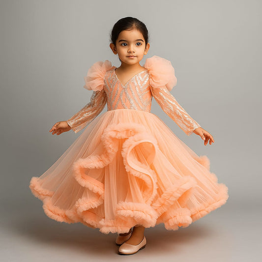 Pre Order: Sequins Embellished Long Sleeved Layered Gown