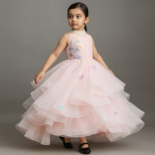 Pre Order: Pink Ruffled Butterfly Gown With Floral Embellishments