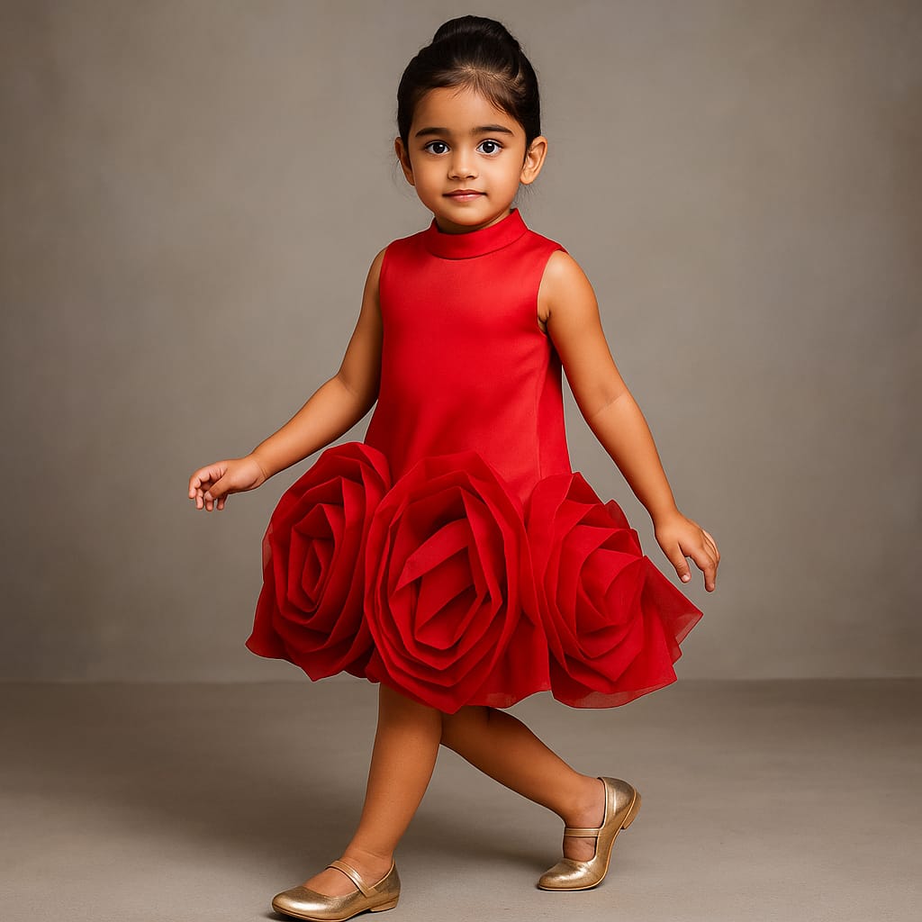 Pre Order: Organza Rose Detailed Red Satin Dress