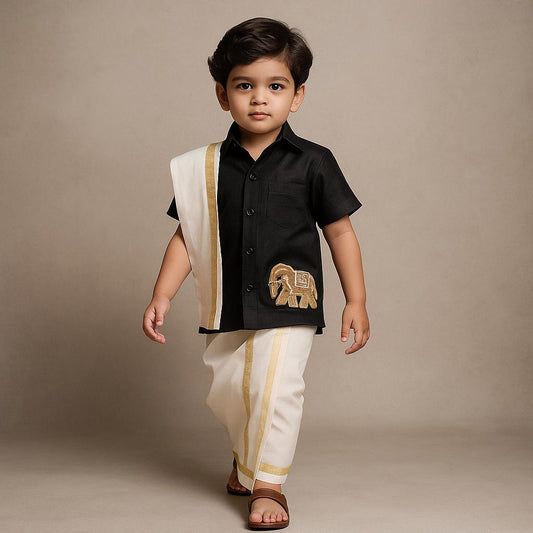 Pre Order: Elephant Embroidered Black Mundu Shirt With Lungi And Angavastram (Shawl) Set