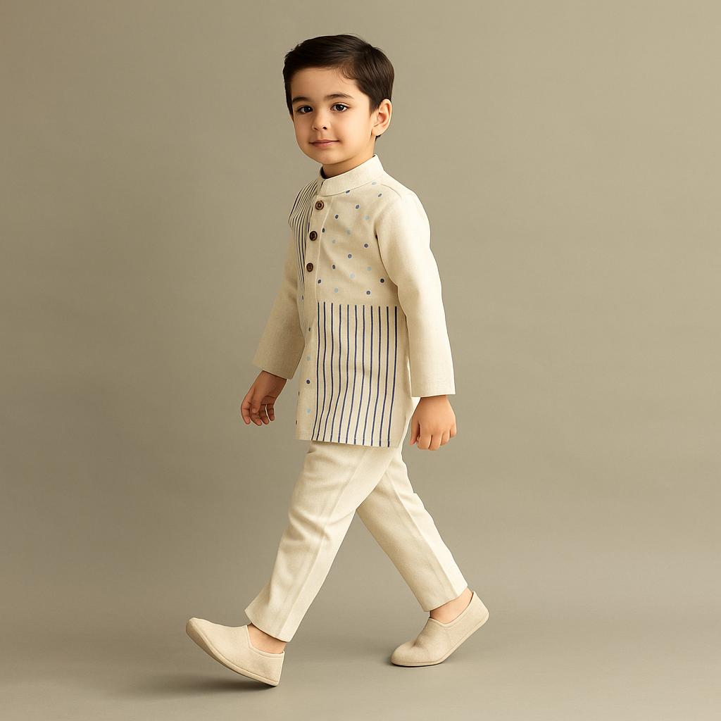 Pre Order: Multi Pattern Embroidered Off White Kurta With Pyjama
