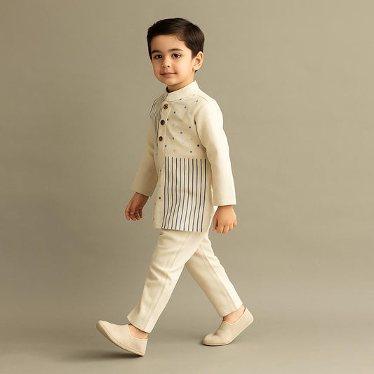 Pre Order: Multi Pattern Embroidered Off White Kurta With Pyjama