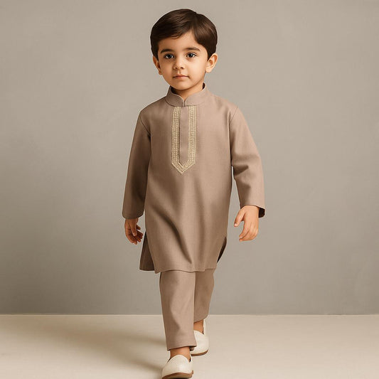 Pre Order: Brown Sequin Lace Detailed Kurta With Pyjama