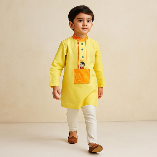 Pre Order: Kurta With Hand Embroidered Krishna Motif And Churidar