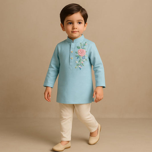 Pre Order: Sky Blue Embroidered Kurta With Off-White Pyjama