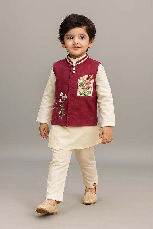 Pre Order: Off White Kurta With Thread Embroidered Pink Shimmery Jacket And Pyjama