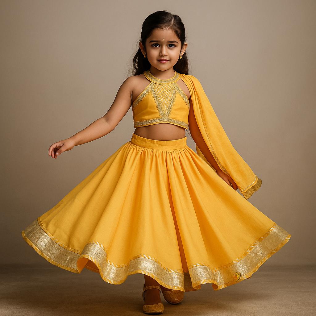 Pre Order: Orange Lace Top With Lehenga And Dupatta