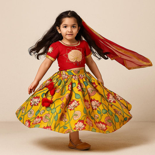 Pre Order: Red Top With Lotus Printed Lehenga And Fringed Dupatta