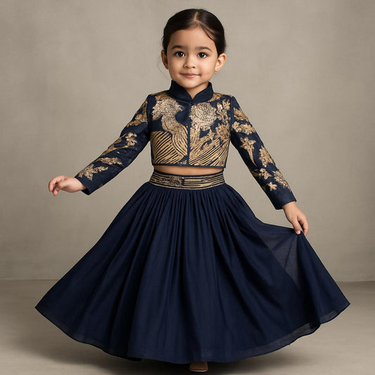 Pre Order: Heavy Embroidered Blue Top And Lehenga