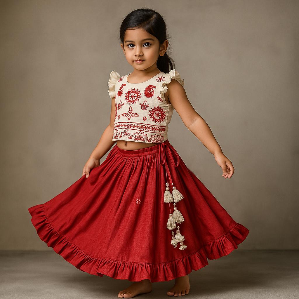 Pre Order: Back Knot Detail Beige Embroidered Top And Ruffle Hem Lehenga
