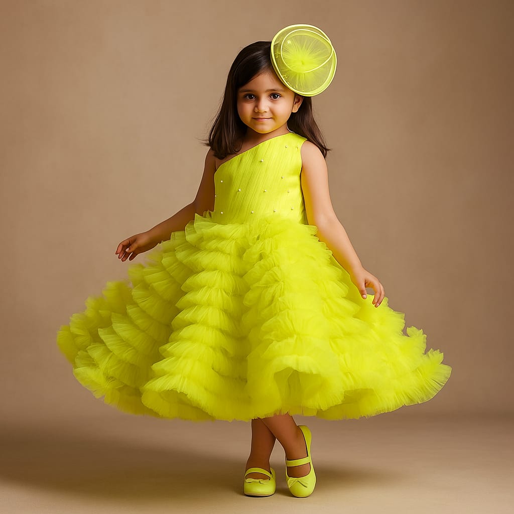Pre Order: Swirl One Shoulder Frilled Dress Neon