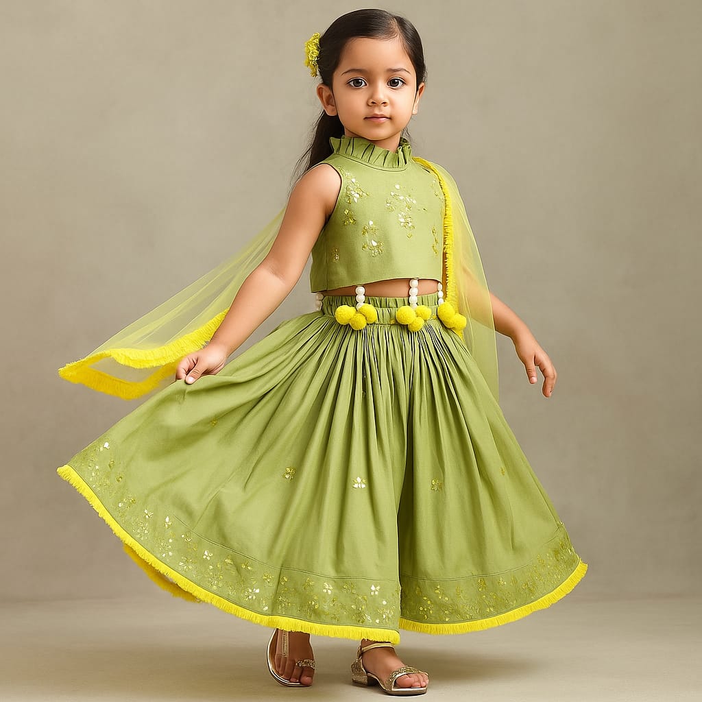 Pre Order: Faux Mirror Work Green Top And Lehenga With Net Dupatta