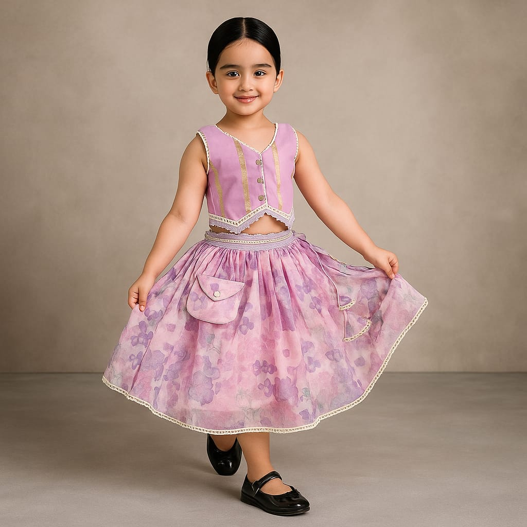 Pre Order: Heart Detail Pink Top With Floral Lehenga