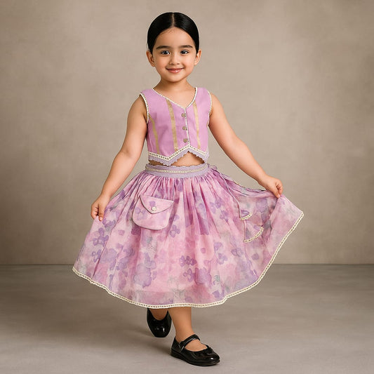 Pre Order: Heart Detail Pink Top With Floral Lehenga