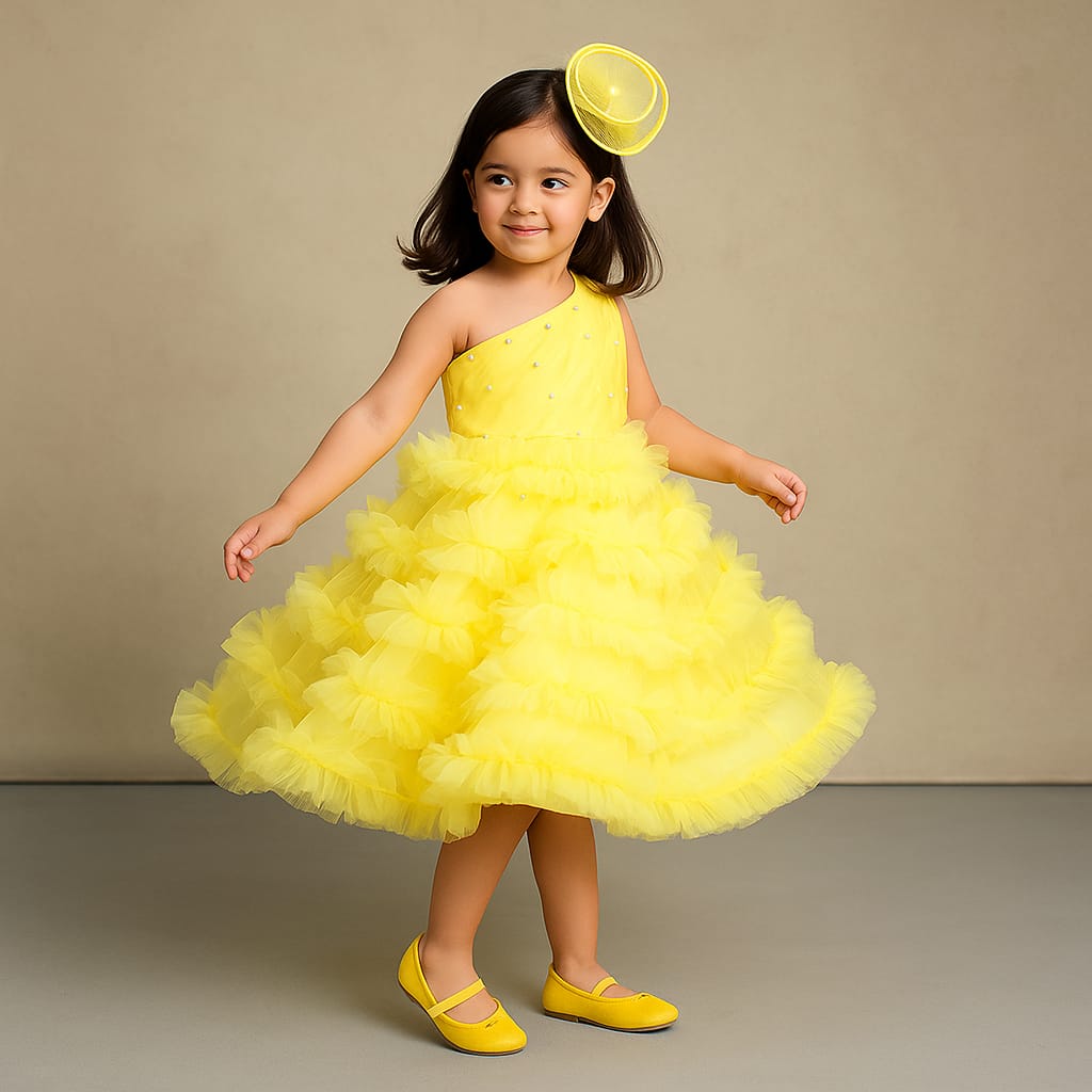 Pre Order: Swirl One Shoulder Frilled Dress Yellow