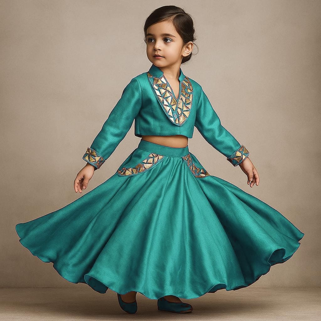 Pre Order: Teal Blue Embellished Top And Lehenga