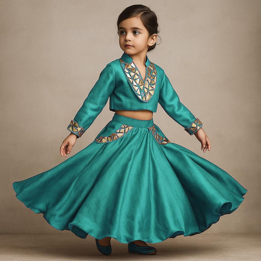 Pre Order: Teal Blue Embellished Top And Lehenga