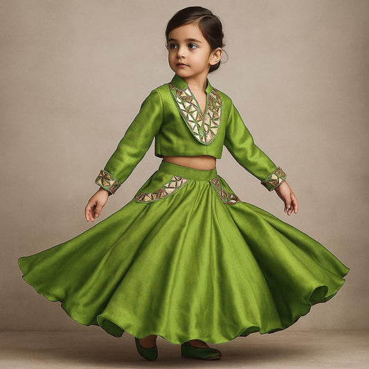 Pre Order: Olive Embellished Top And Lehenga