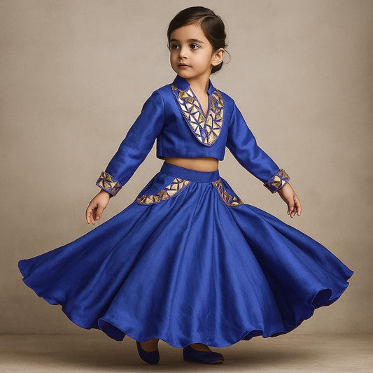 Pre Order: Blue Embellished Top And Lehenga