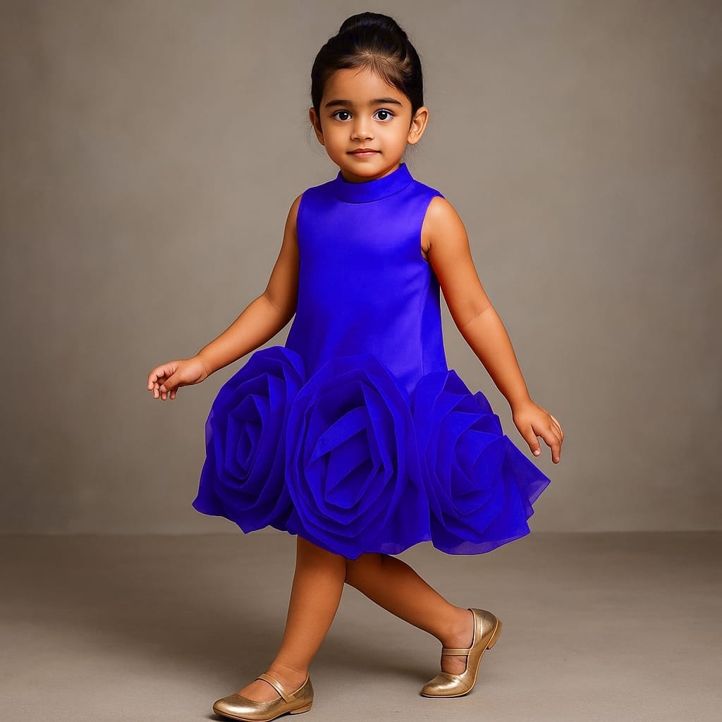 Pre Order: Organza Rose Detailed Royal Blue Satin Dress