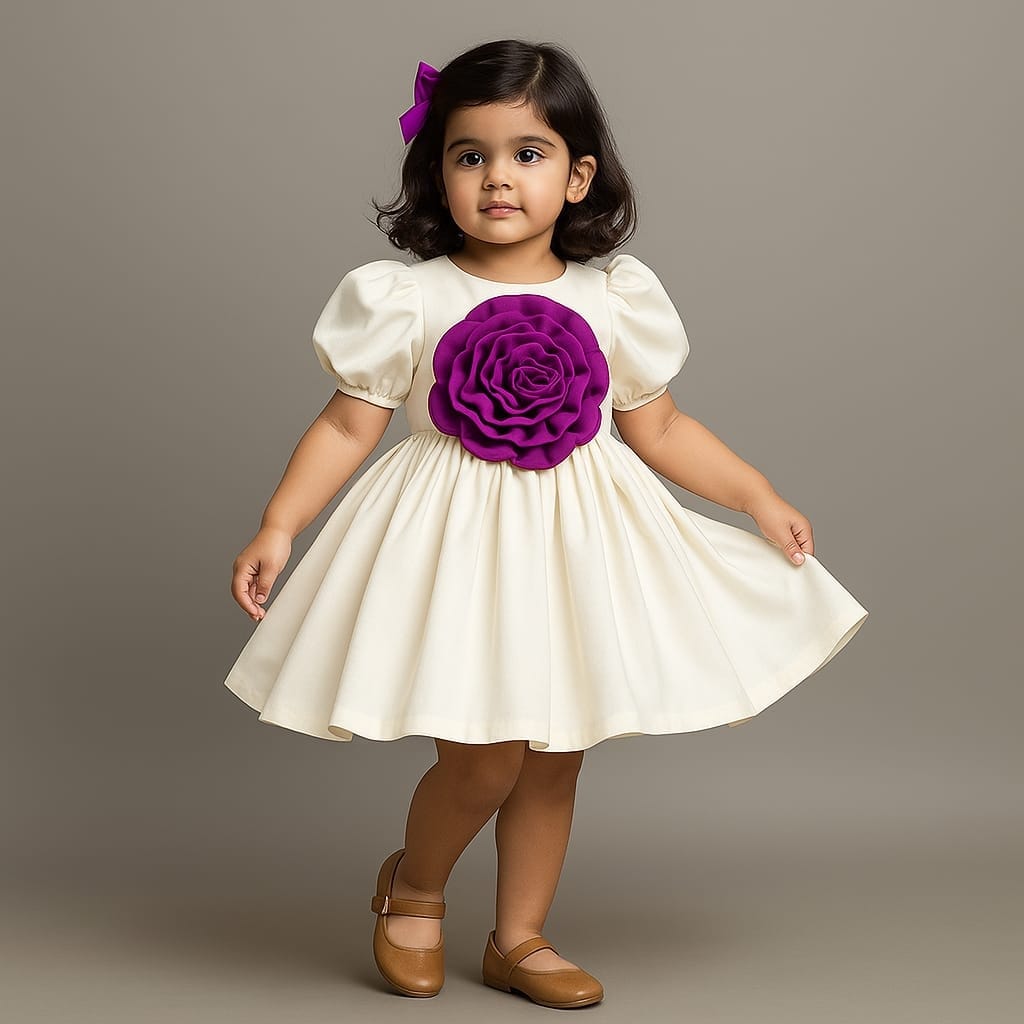 Pre Order: Wine Flower Adorned Elegant Off White Puff Sleeve Dress