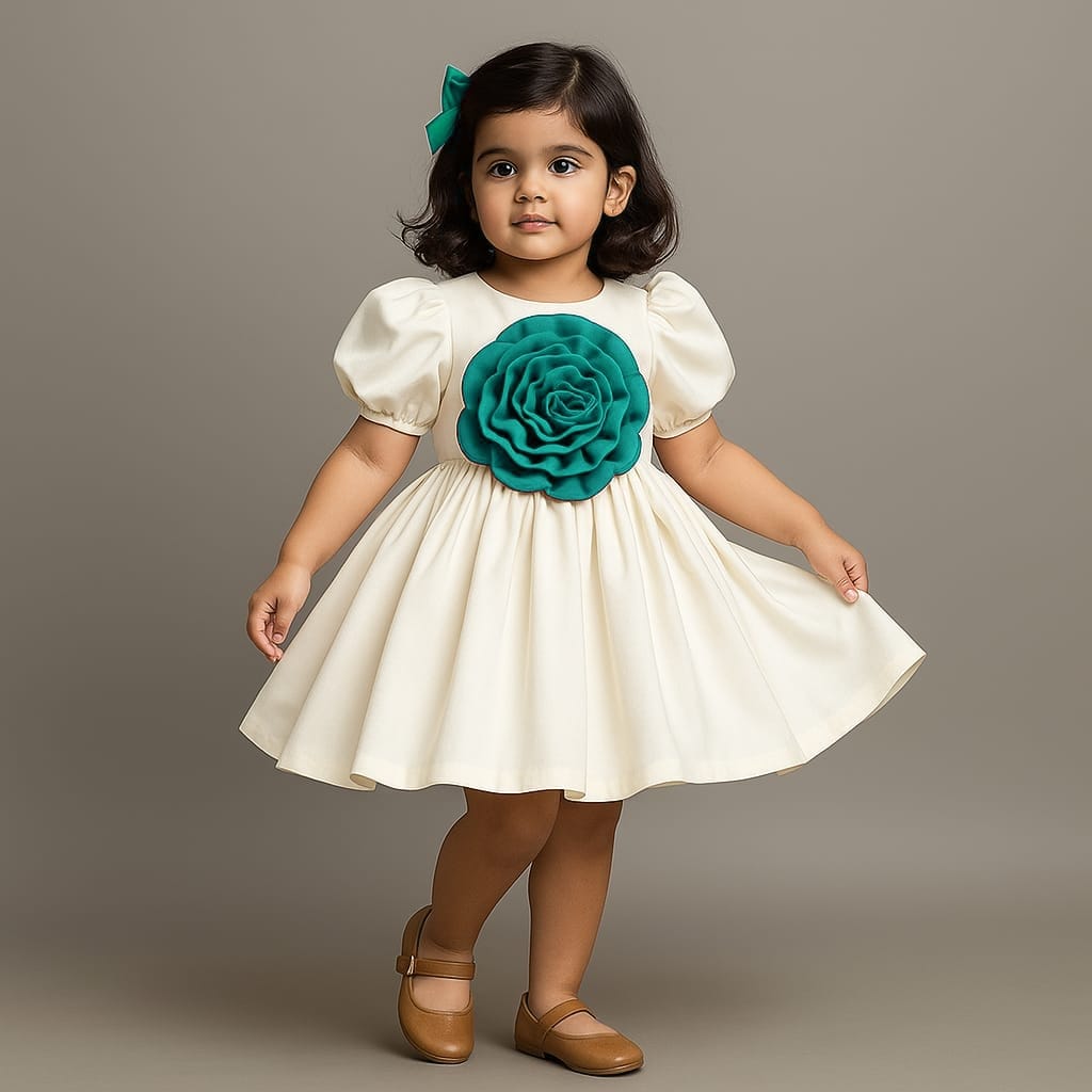 Pre Order:Rama Flower Adorned Elegant Off White Puff Sleeve Dress