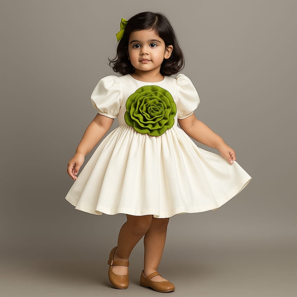 Pre Order: Olive Flower Adorned Elegant Off White Puff Sleeve Dress