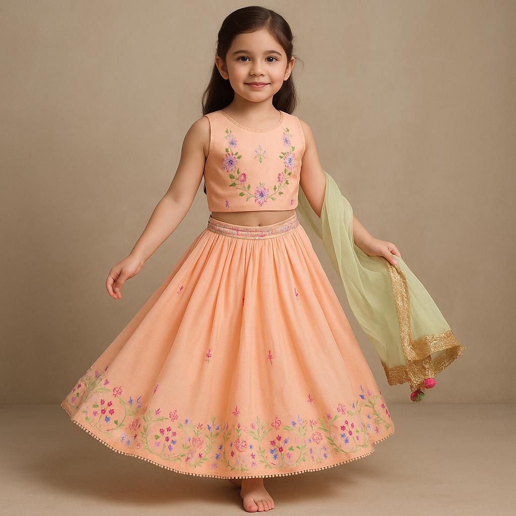 Pre Order: Peach Faux Mirror Embroidered Top With Matching Embroidered Lehenga And Dupatta