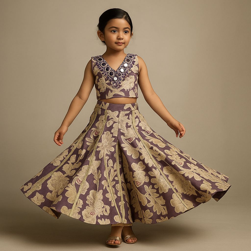 Pre Order: Mirror Embellished Floral Printed Top With Flared Palazzo