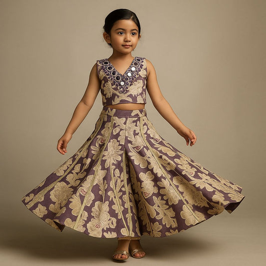Pre Order: Mirror Embellished Floral Printed Top With Flared Palazzo