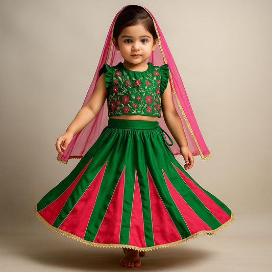Pre Order: Pink And Green Embroidered Ruffle Top With Lehenga And Dupatta