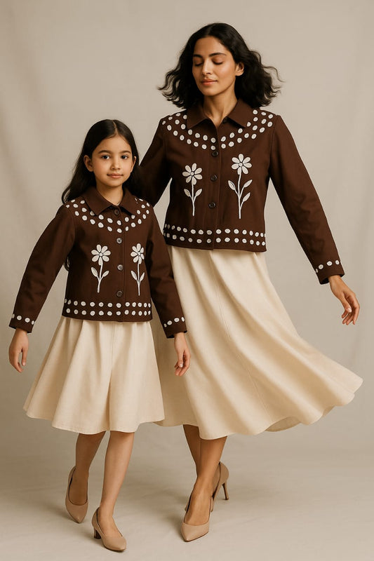 Pre Order: Coffee And Off White Embroidered Jacket And Skirt