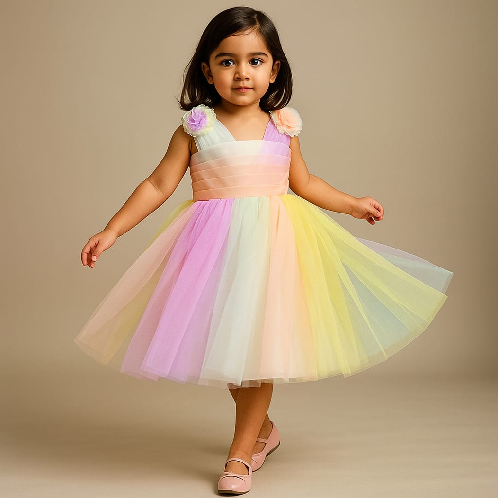 Pre Order: Ruffled Flower Embellished Multi Colour Dress