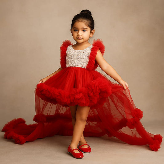 Pre Order: Embroidered Yoke Ruffle Hem Dress With Detachable Trail And Matching Hair Clip