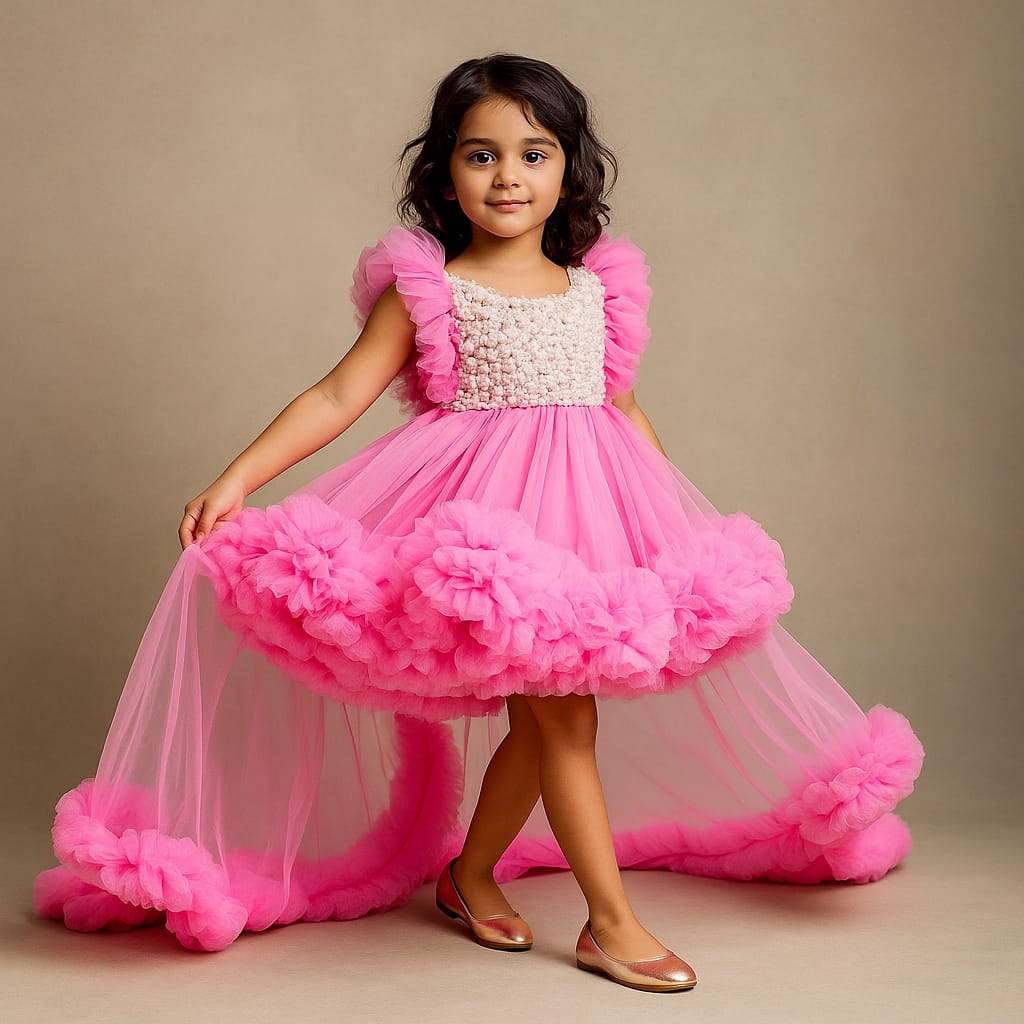 Pre Order: Glamorous Pink Frilled Dress With Detachable Trail