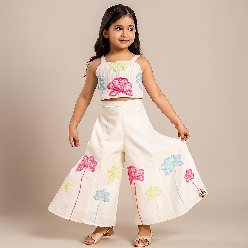 Pre Order: Sequin Hand Embroidered Floral Top And Flared Embroidered Palazzo