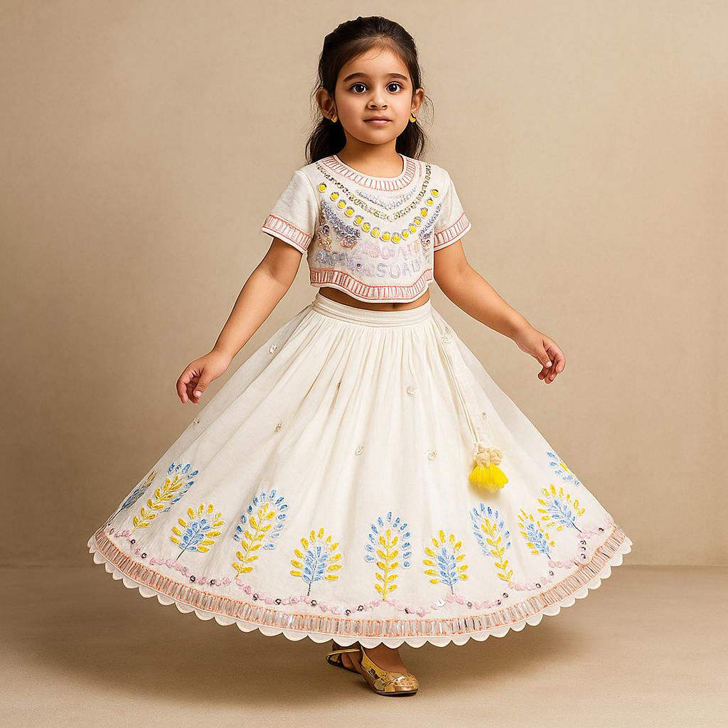 Pre Order: Faux Mirror Embellished Off White Top And Flared Lehenga