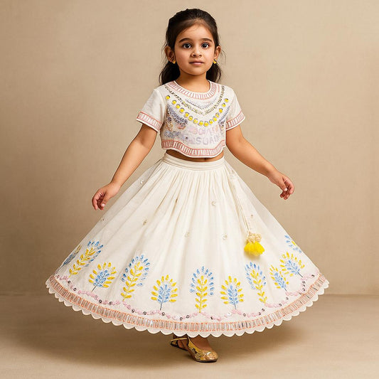 Pre Order: Faux Mirror Embellished Off White Top And Flared Lehenga