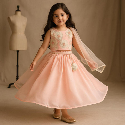 Pre Order: Peach Floral Embroidered Top With Silk Lehenga And Dupatta