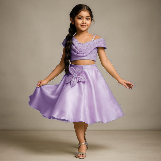 Pre Order: Lavender Sequin Embellished Strappy Top With Stiff Belt And Skirt