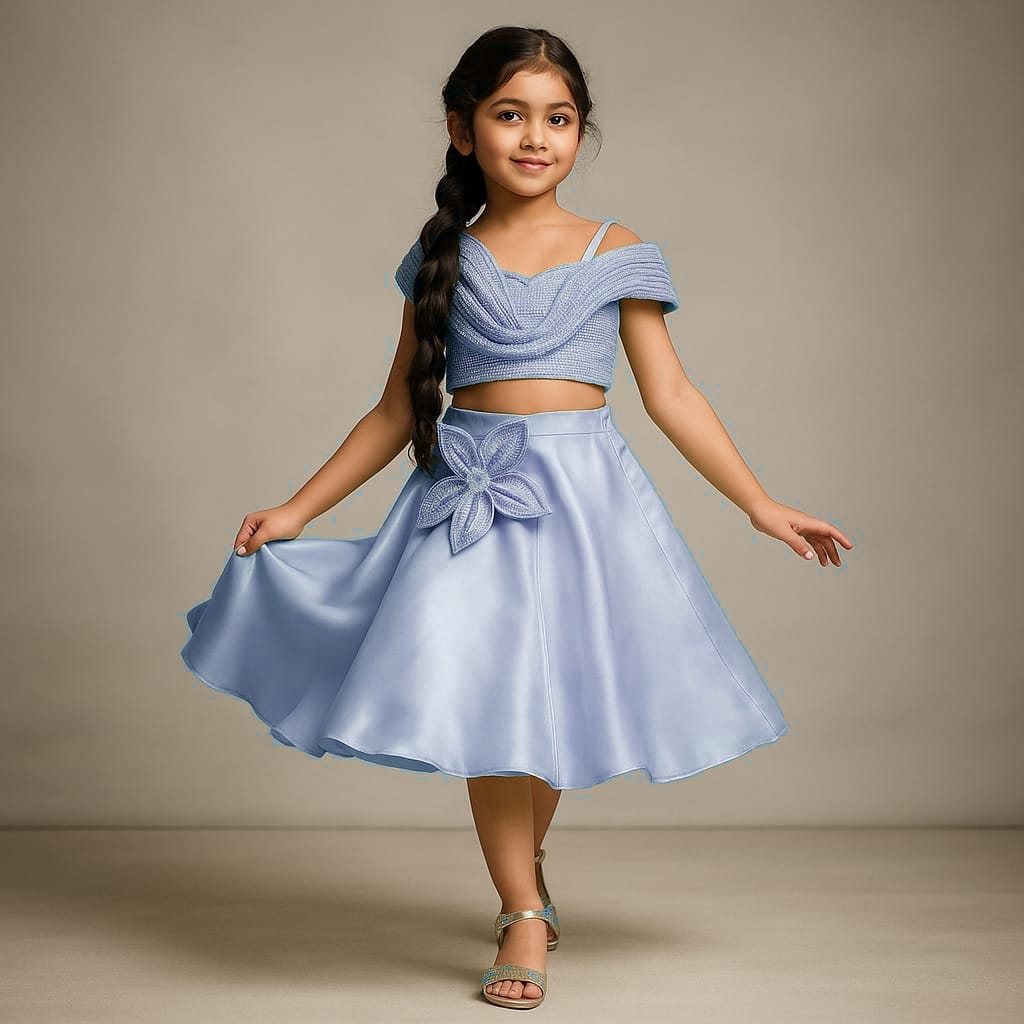 Pre Order: Blue Sequin Embellished Strappy Top With Stiff Belt And Skirt