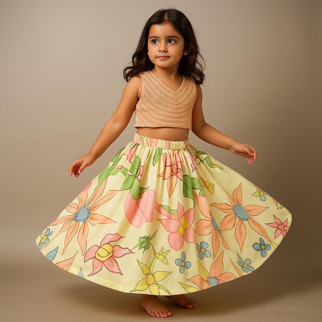 Pre Order: Beaded Shimmery Lace Detailed Peach Top And Printed Lehenga