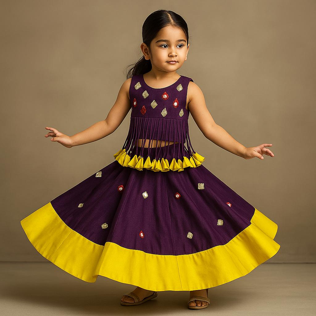 Pre Order: Mirror Work Stylish Top And Flared Lehenga