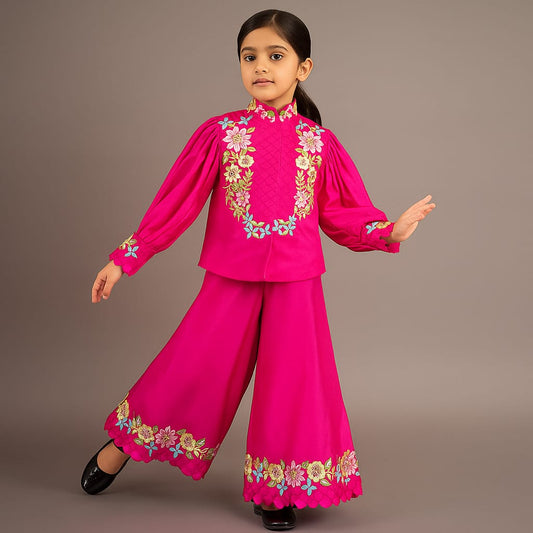 Pre Order: Pink Embroidered Full Sleeves Top And Palazzo