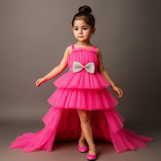 Pre Order: Fancy Bow Adorned Frilly Layered Trail Dress