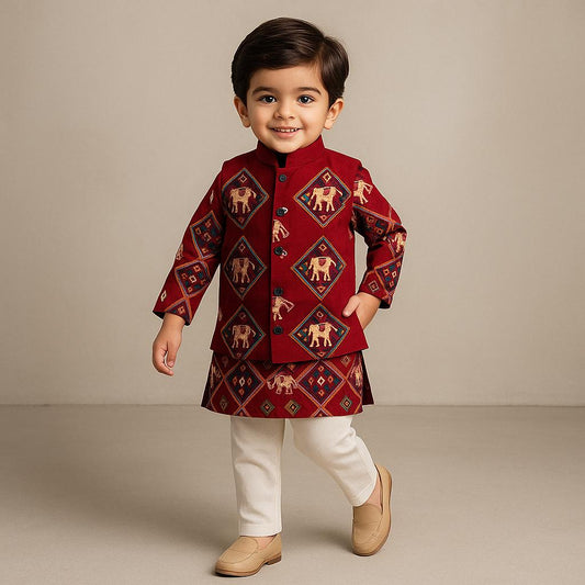 Pre Order: Wine Patola Printed Kurta With Front Open Jacket And Pyjama