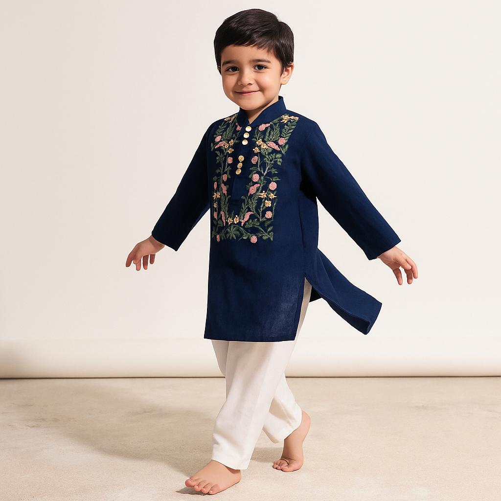 Pre Order: Floral Embroidered Kurta And White Pyjama