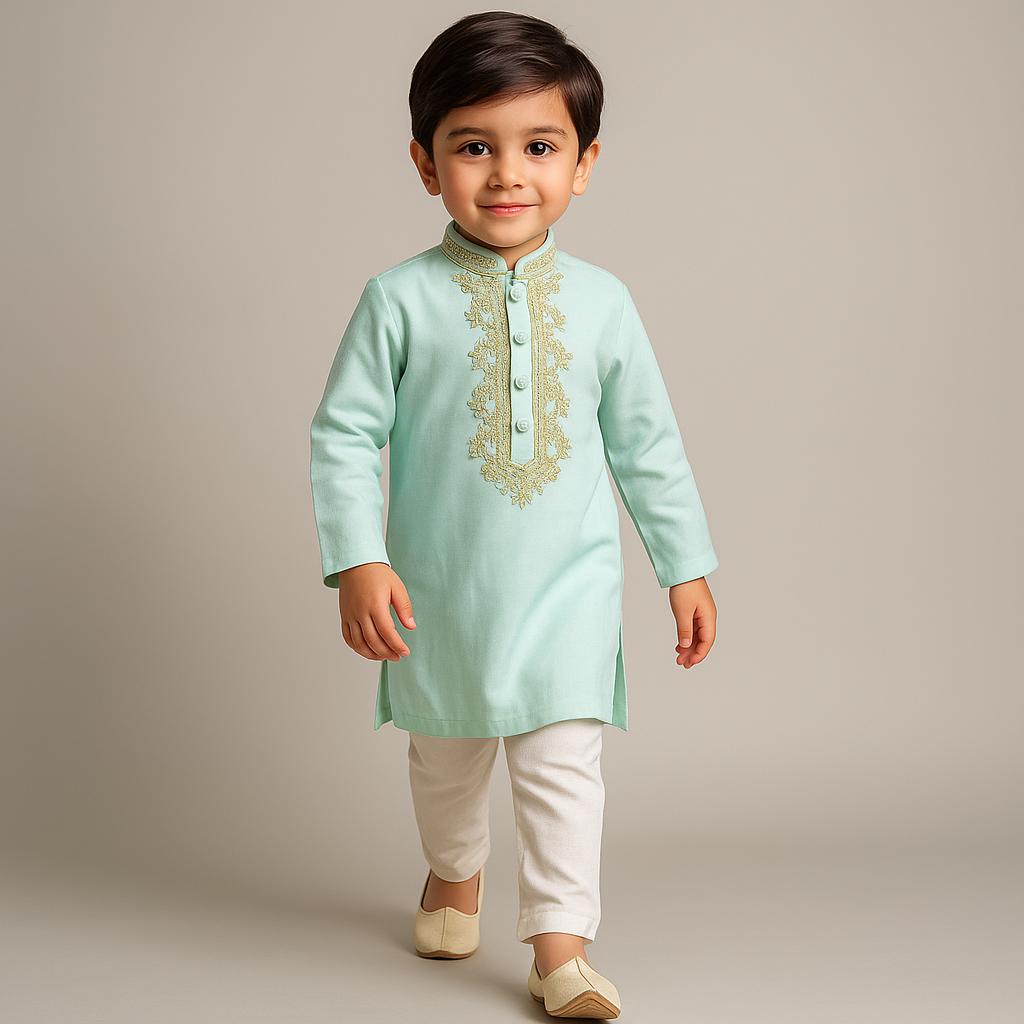 Pre Order: Embroidered Collar And Placket Green Kurta With Churidar