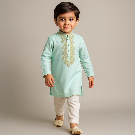 Pre Order: Embroidered Collar And Placket Green Kurta With Churidar