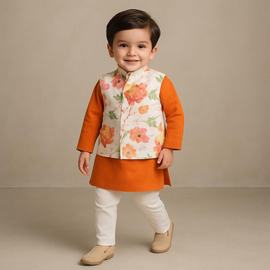 Pre Order: Orange Kurta And Floral Printed Jacket With Pyjama